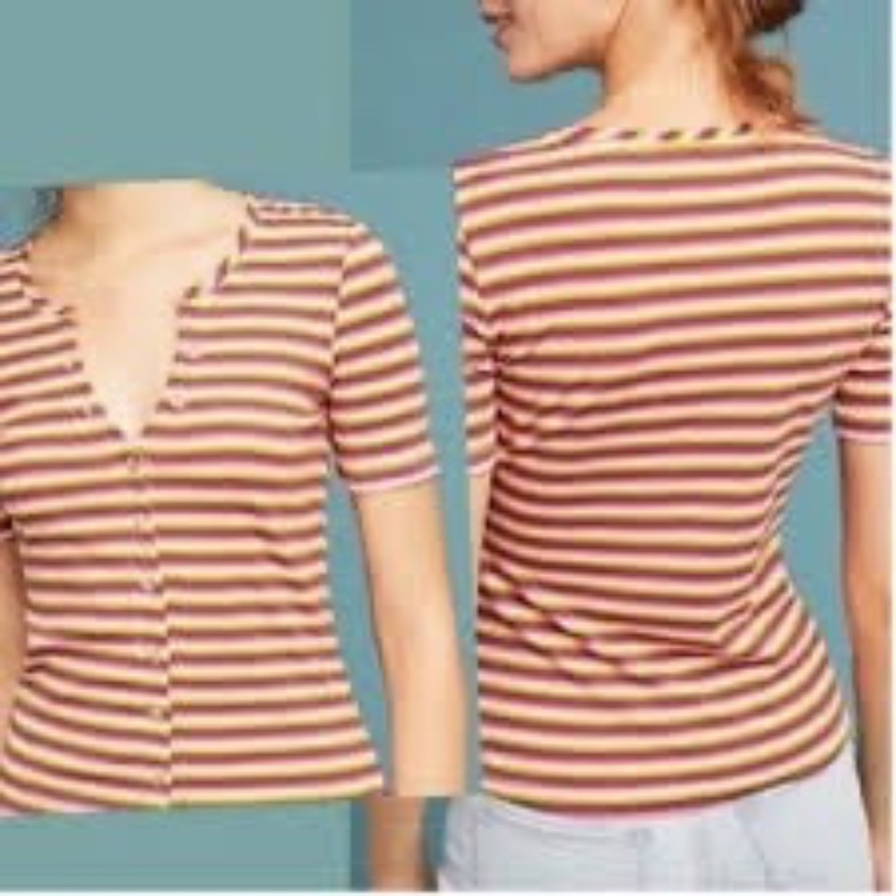 Maeve Button Up Striped‎ Ribbed Top Multicolor Medium